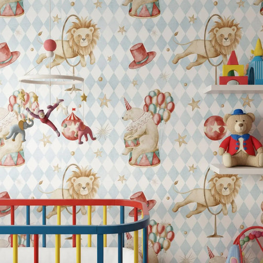 Circus Animal Wallpaper Nursery | Vintage Bear Lion Balloons | Whimsical Kids Room Decor | Peel and Stick