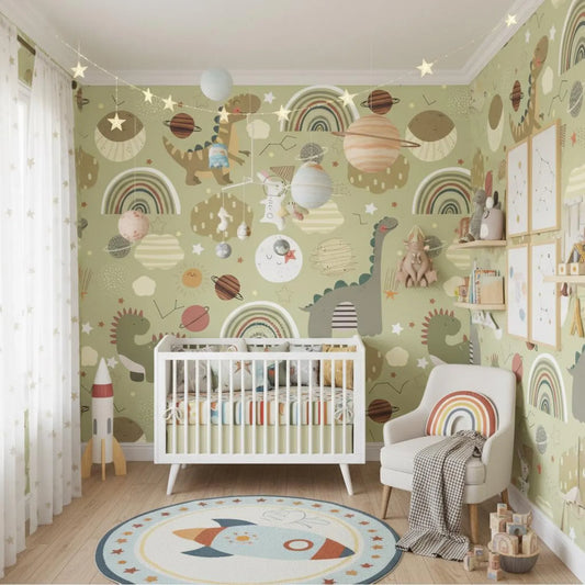 Space Dinosaur Wallpaper Kids Room | Rainbow Planet Nursery Decor | Whimsical Dino Galaxy | Peel and Stick