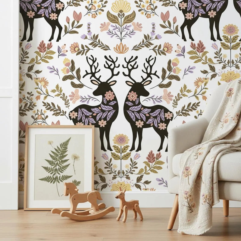 Folk Art Deer Wallpaper Botanical | Scandinavian Floral Nursery | Nordic Animal Pattern | Peel and Stick