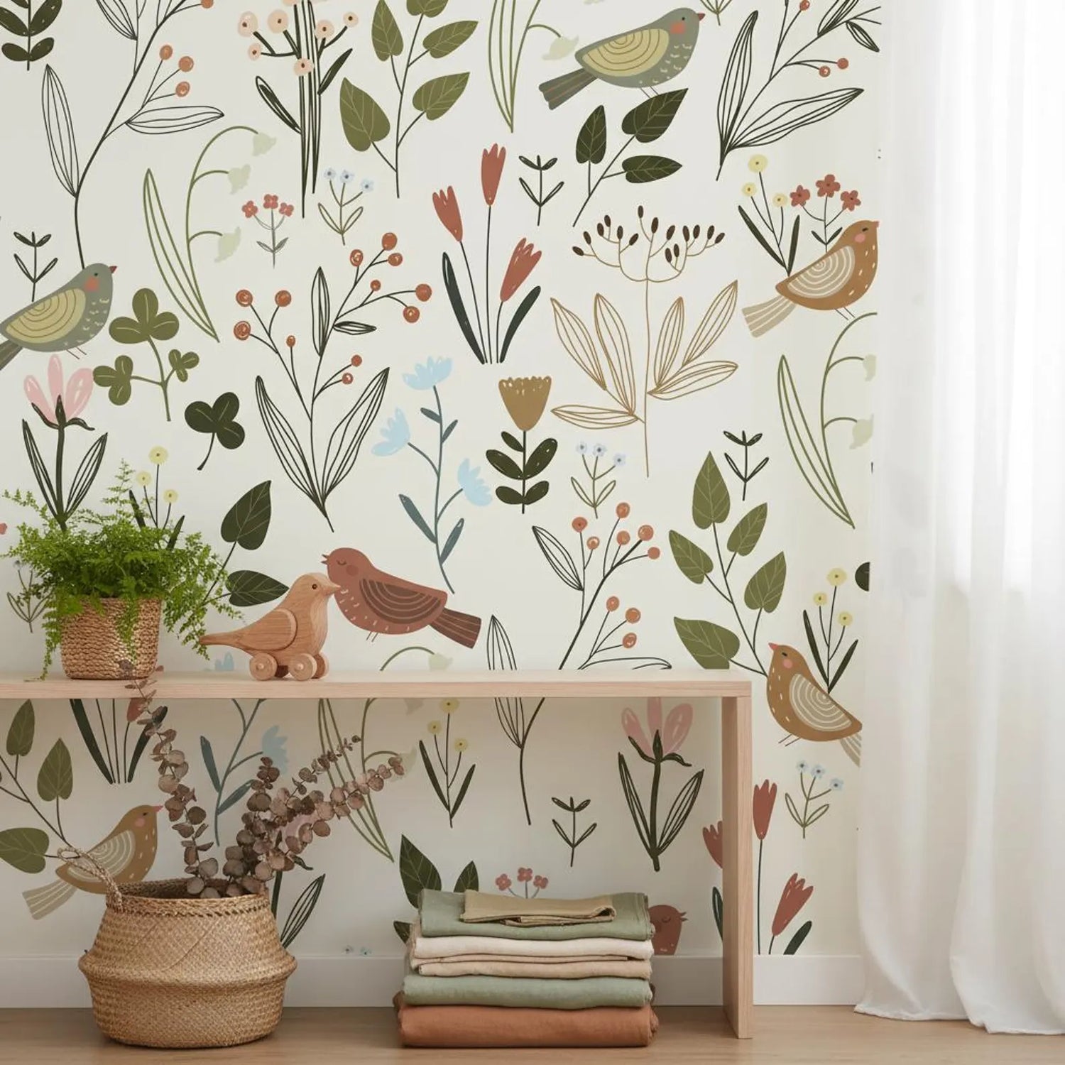 Botanical Bird Wallpaper Cream | Wildflower Nursery Decor | Nature Inspired Kids Room | Peel and Stick