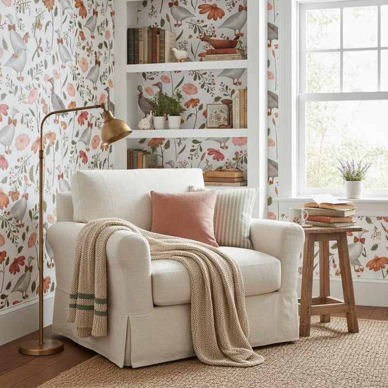Whimsical Goose Wallpaper Floral | Farmhouse Nursery Decor | Cute Duck Pattern Kids Room | Peel and Stick