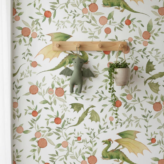 Dragon Wallpaper for Kids Room | Watercolor Nursery Wall Mural | Peel and Stick Removable Wallpaper | Green & Peach Fantasy Decor