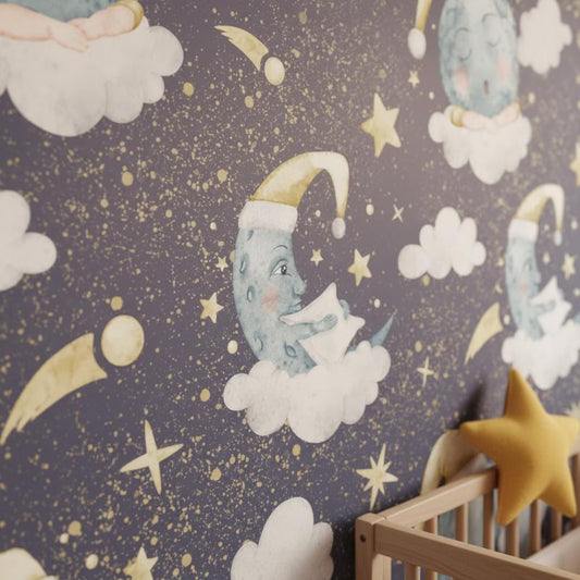 Dreamy Moon Nursery Wallpaper | Sleeping Moon Stars Clouds | Celestial Baby Room Decor | Peel and Stick