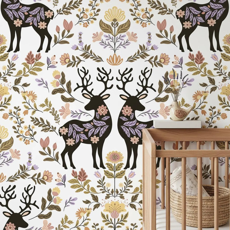 Folk Art Deer Wallpaper Botanical | Scandinavian Floral Nursery | Nordic Animal Pattern | Peel and Stick