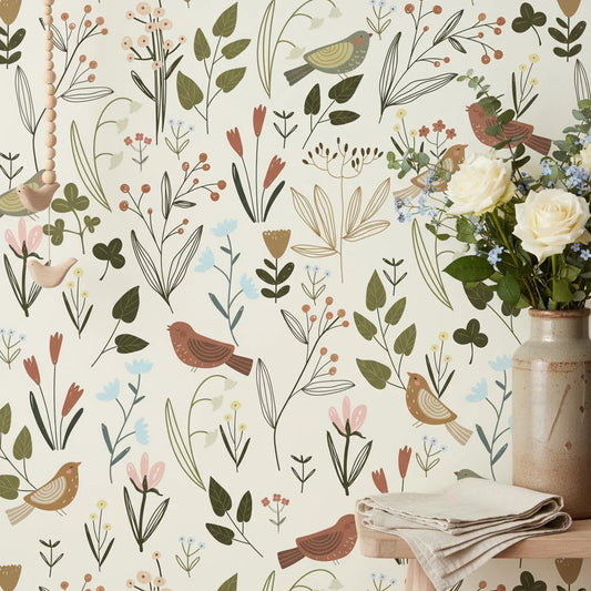 Botanical Bird Wallpaper Cream | Wildflower Nursery Decor | Nature Inspired Kids Room | Peel and Stick
