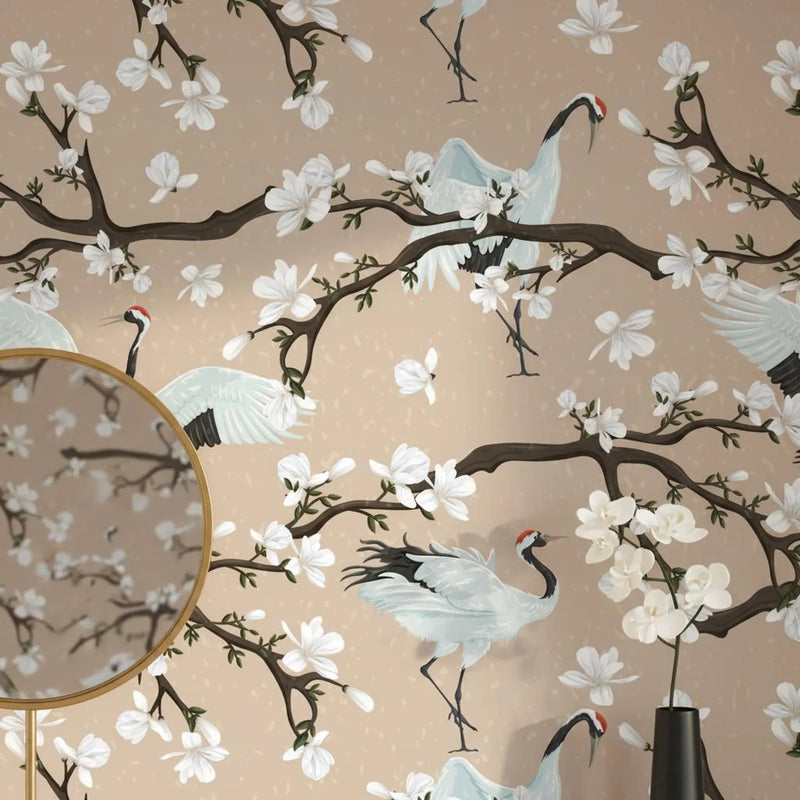 Asian Crane Wallpaper Beige | Japanese Magnolia Decor |  Bird Peel and Stick