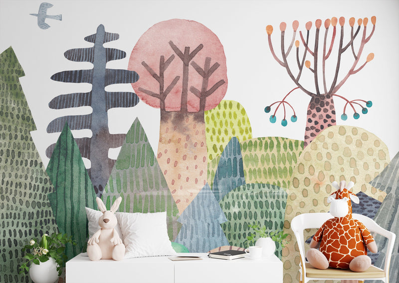 Watercolor Forest Wall Mural: Removable Kids Room Wallpaper