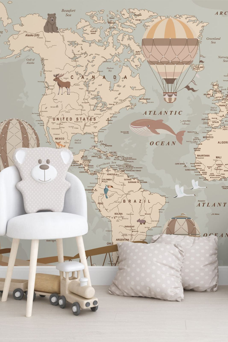 World Map Wallpaper Mural: Kids Room Decor, Peel and Stick
