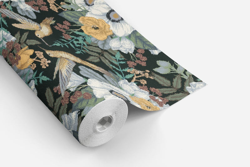 Wallpaper Peel and stick,  dark floral wallpaper with birds, moody wall decor