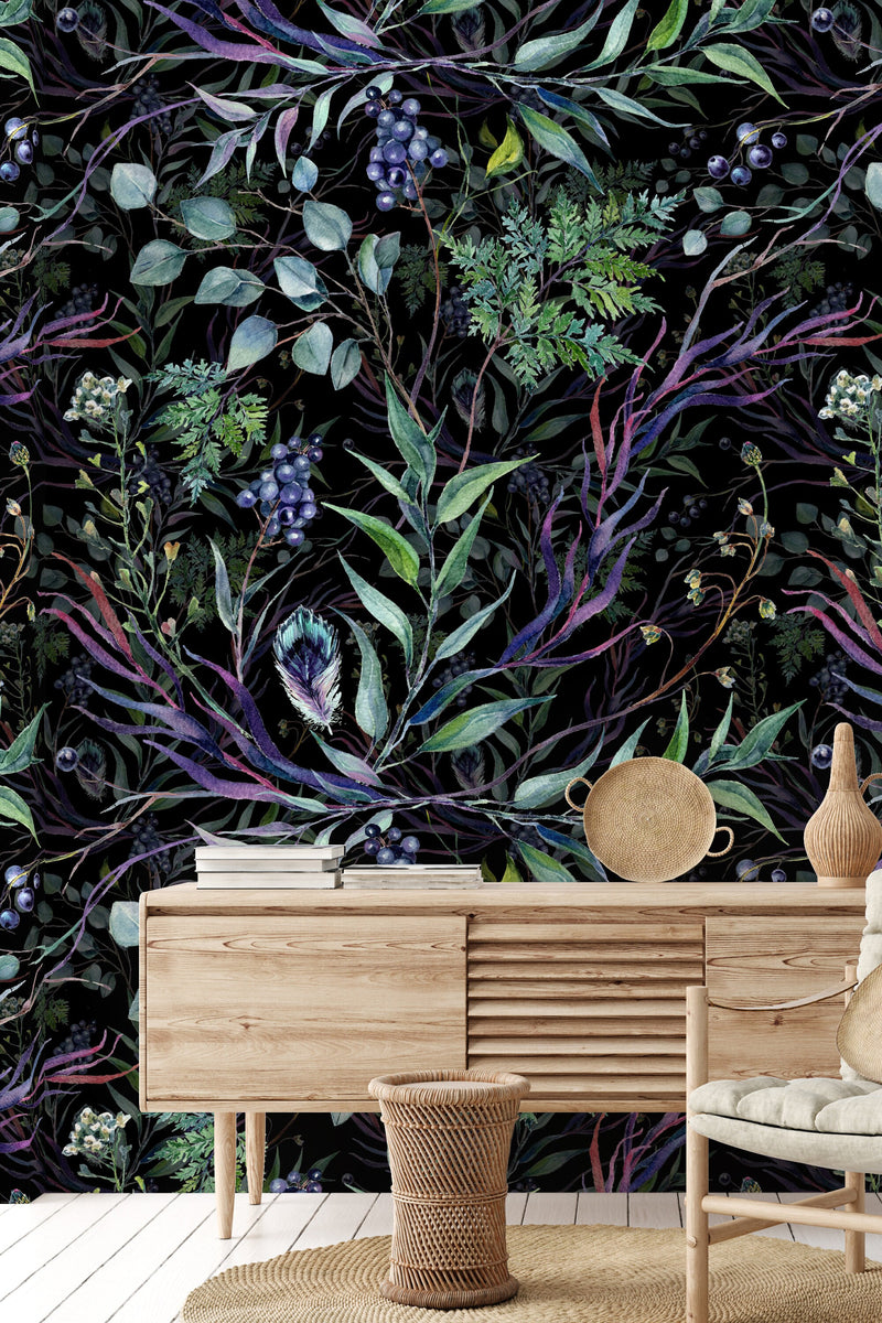 Dark botanical wallpaper, peel and stick wallpaper, secret garden wall mural