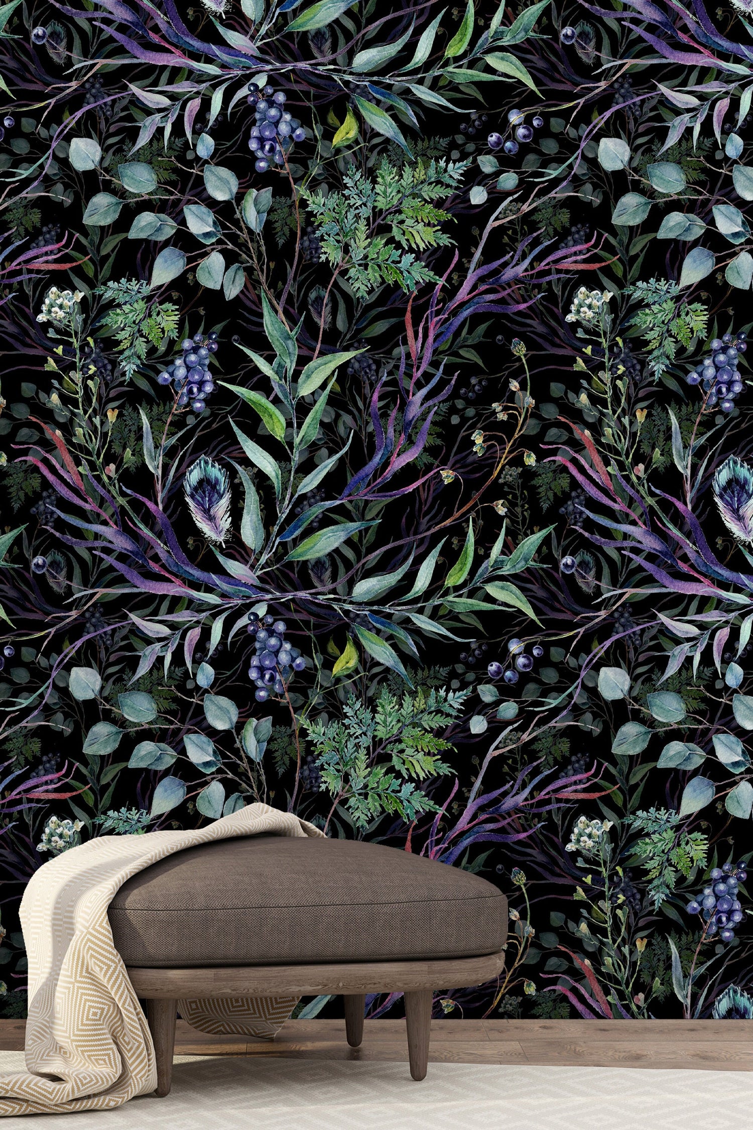 Dark botanical wallpaper, peel and stick wallpaper, secret garden wall mural