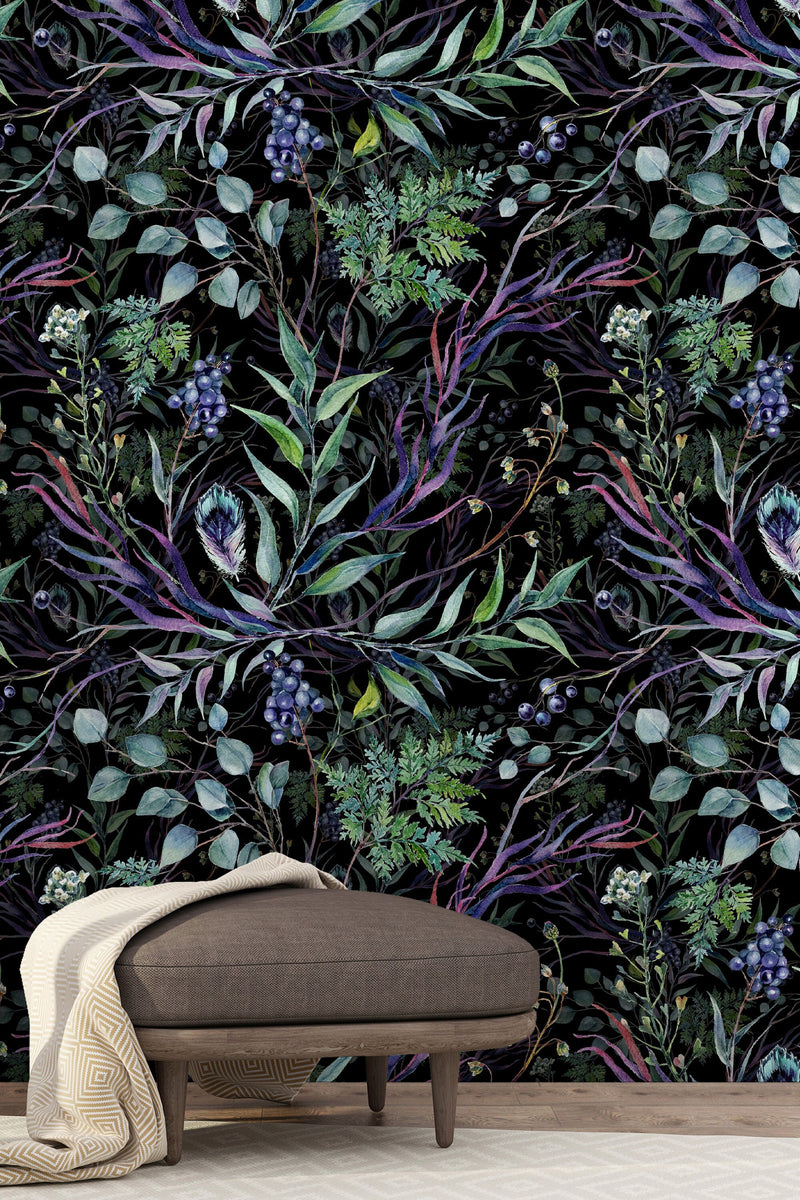 Dark botanical wallpaper, peel and stick wallpaper, secret garden wall mural