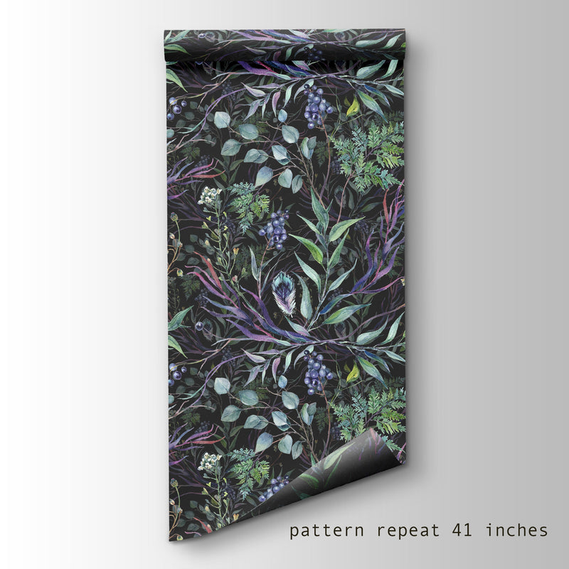 Dark botanical wallpaper, peel and stick wallpaper, secret garden wall mural