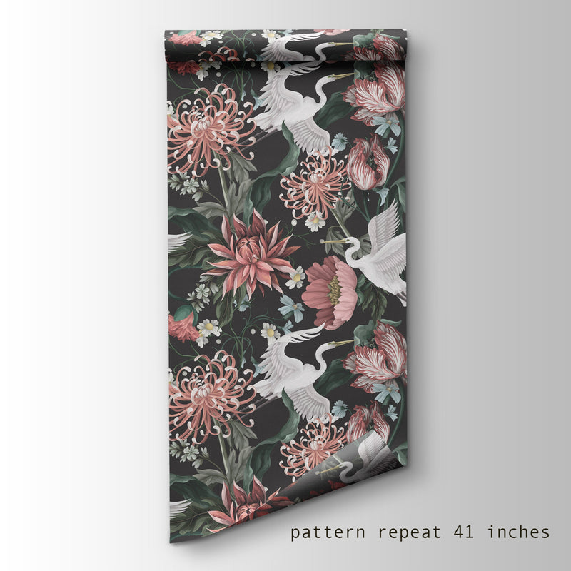Chinoiserie Peel and Stick Wallpaper: Bird Crane & Peonies Mural