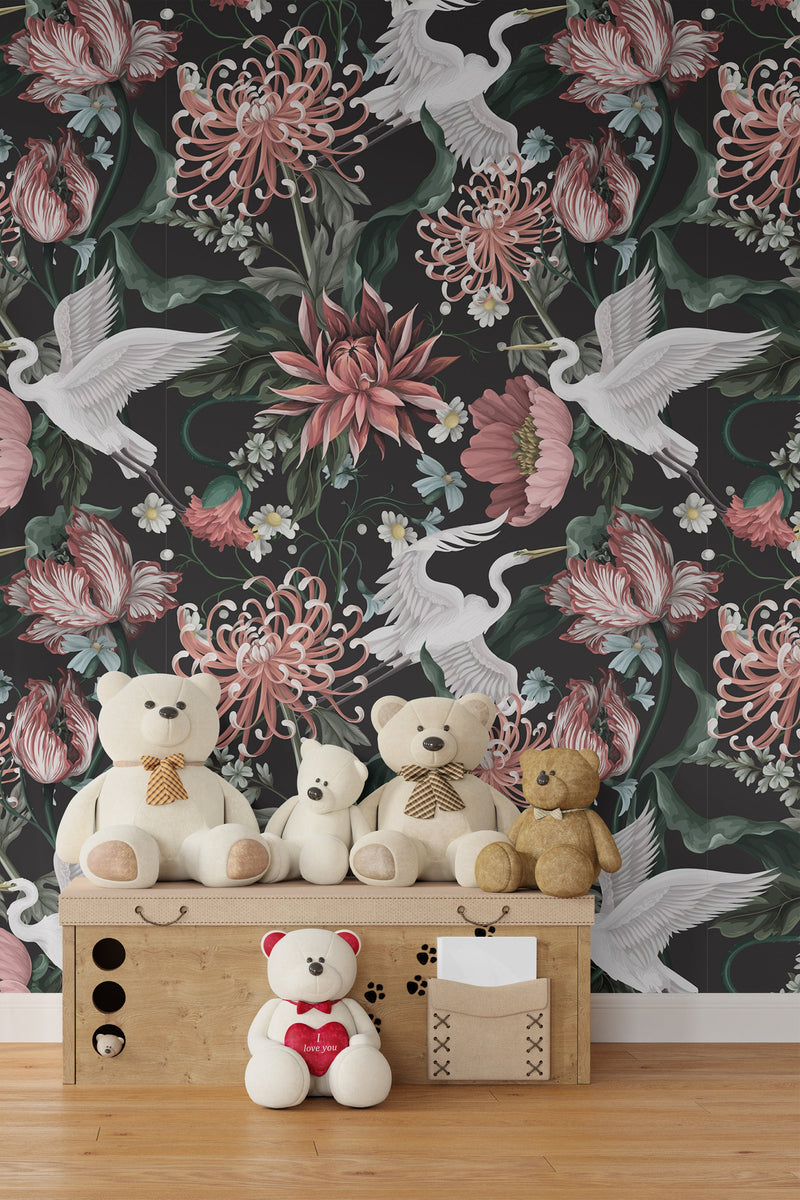 Chinoiserie Peel and Stick Wallpaper: Bird Crane & Peonies Mural