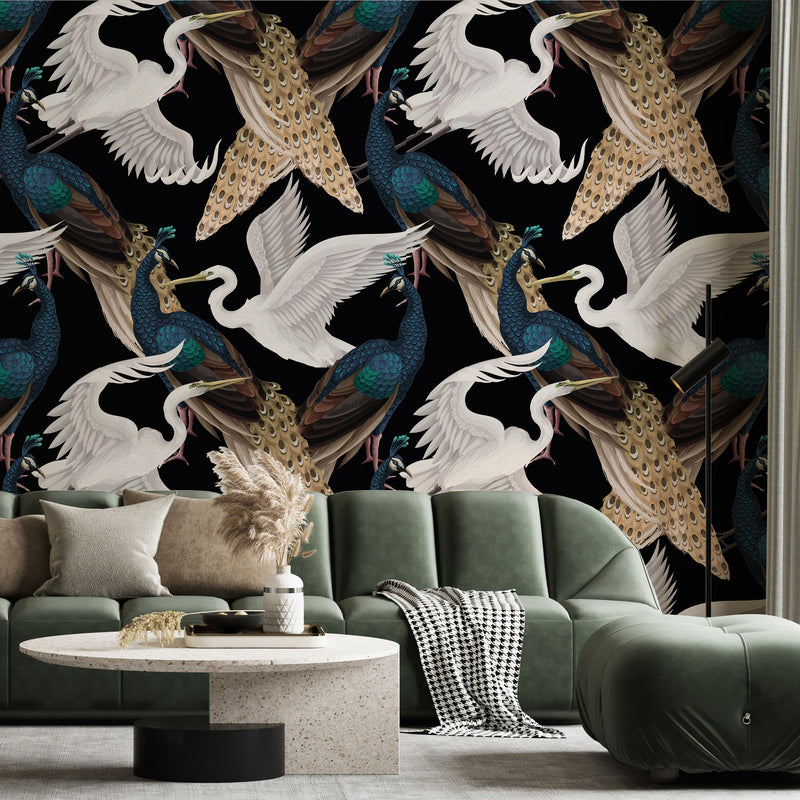 Chinoiserie Birds Wallpaper: Tropical Peel and Stick Wall Mural