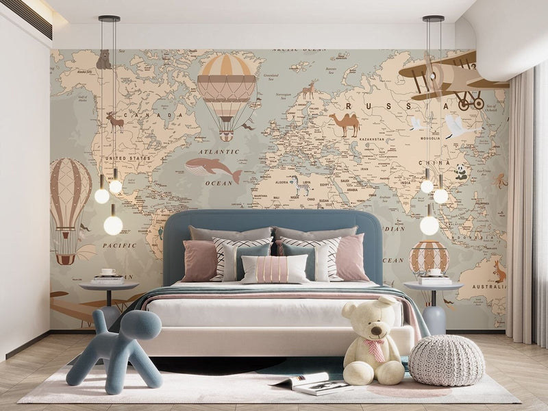 World Map Wallpaper Mural: Kids Room Decor, Peel and Stick