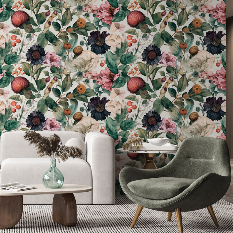 Botanical wallpaper peel and stick, minimal herbs wall mural, removable wallpaper