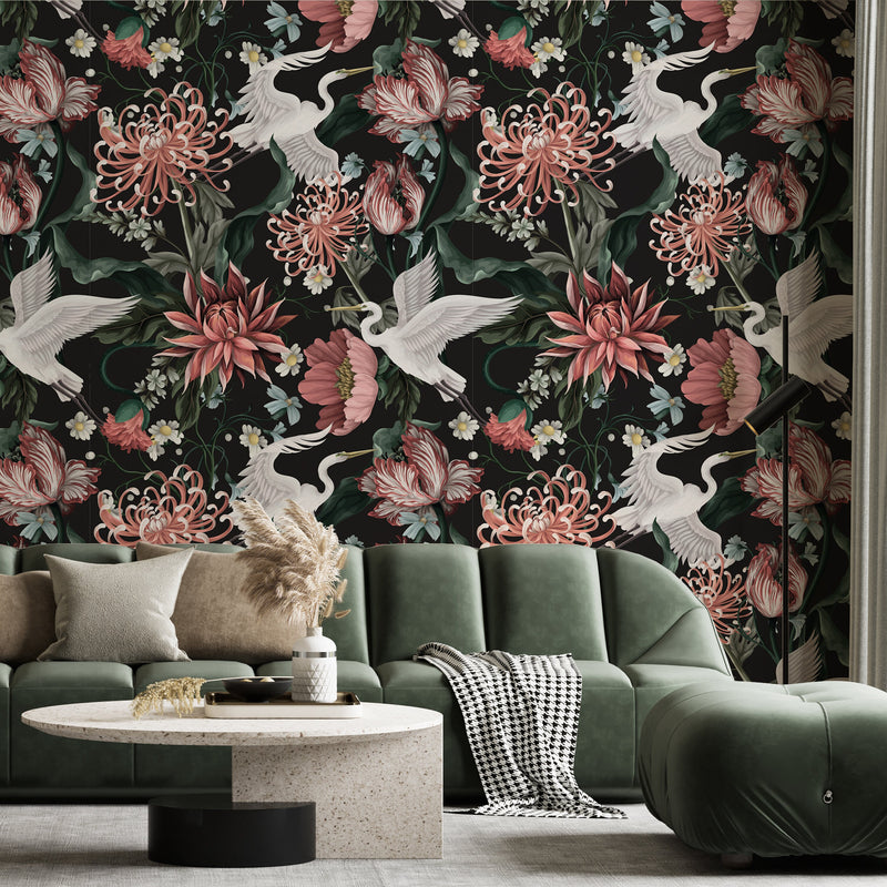 Chinoiserie Peel and Stick Wallpaper: Bird Crane & Peonies Mural