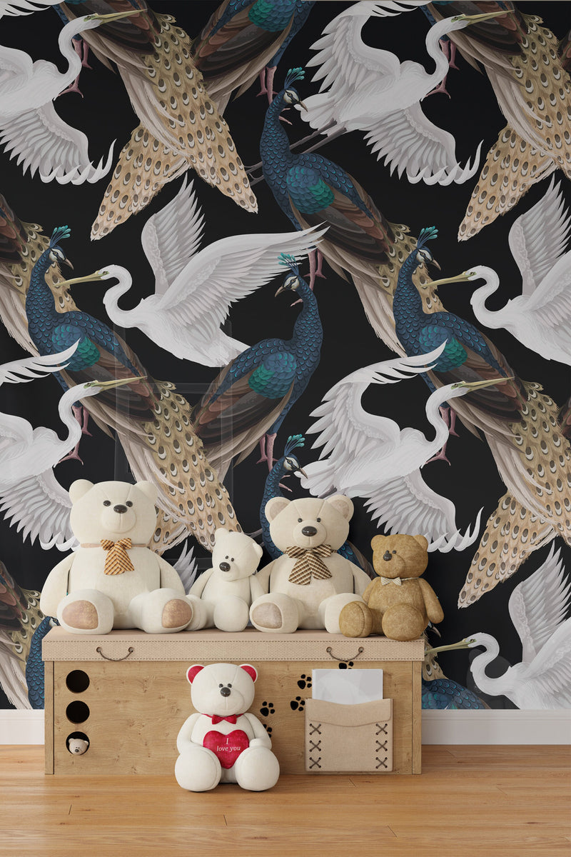 Chinoiserie Birds Wallpaper: Tropical Peel and Stick Wall Mural
