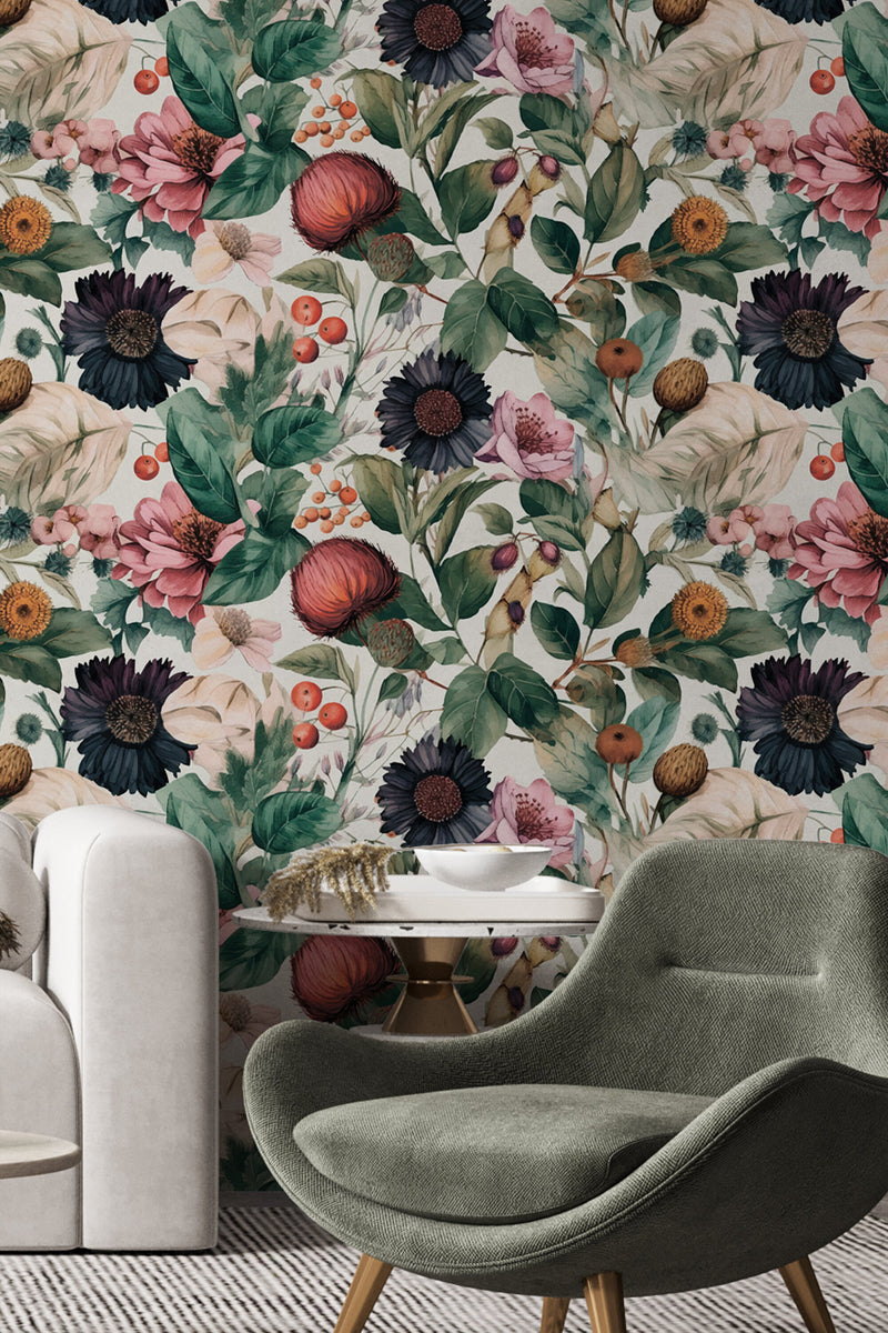 Botanical wallpaper peel and stick, minimal herbs wall mural, removable wallpaper