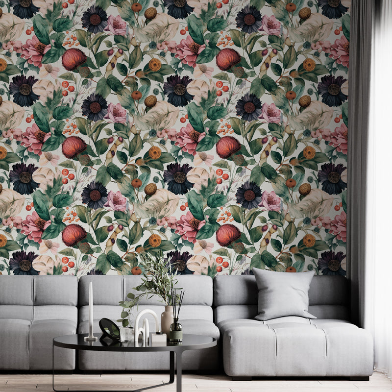 Botanical wallpaper peel and stick, minimal herbs wall mural, removable wallpaper
