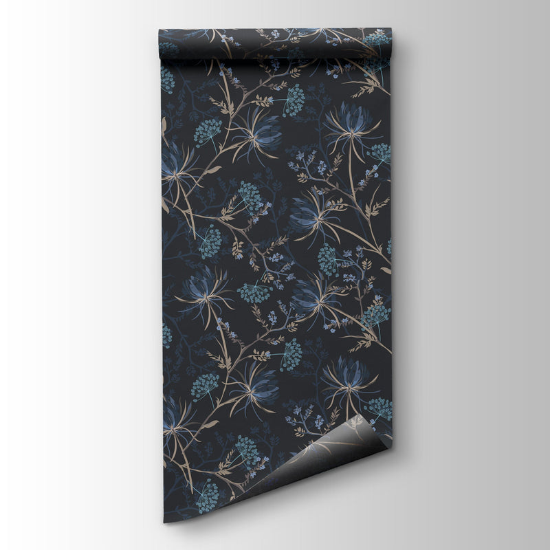 Dark Floral Wallpaper: Navy Blue Botanical Mural, Peel and Stick or Tr ...