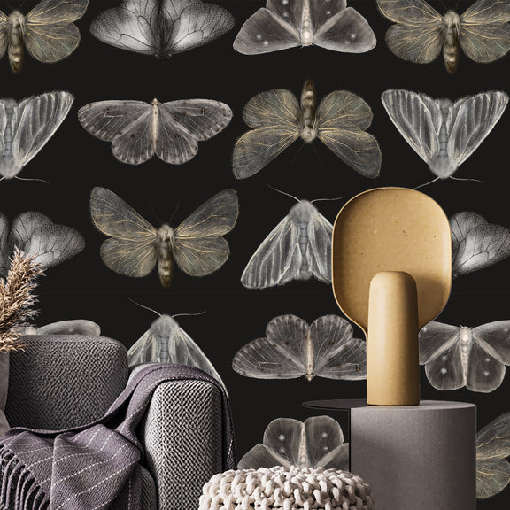 Moths and Butterflies Wallpaper: Dark Vintage Wall Mural (Peel and Sti ...