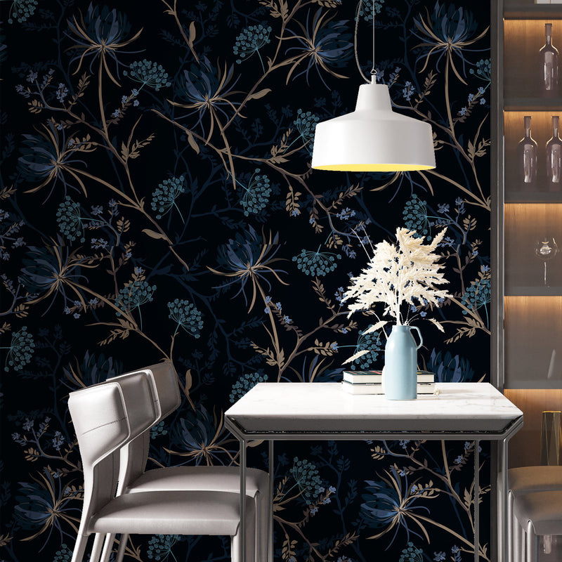 Dark Floral Wallpaper: Navy Blue Botanical Mural, Peel and Stick or Tr ...