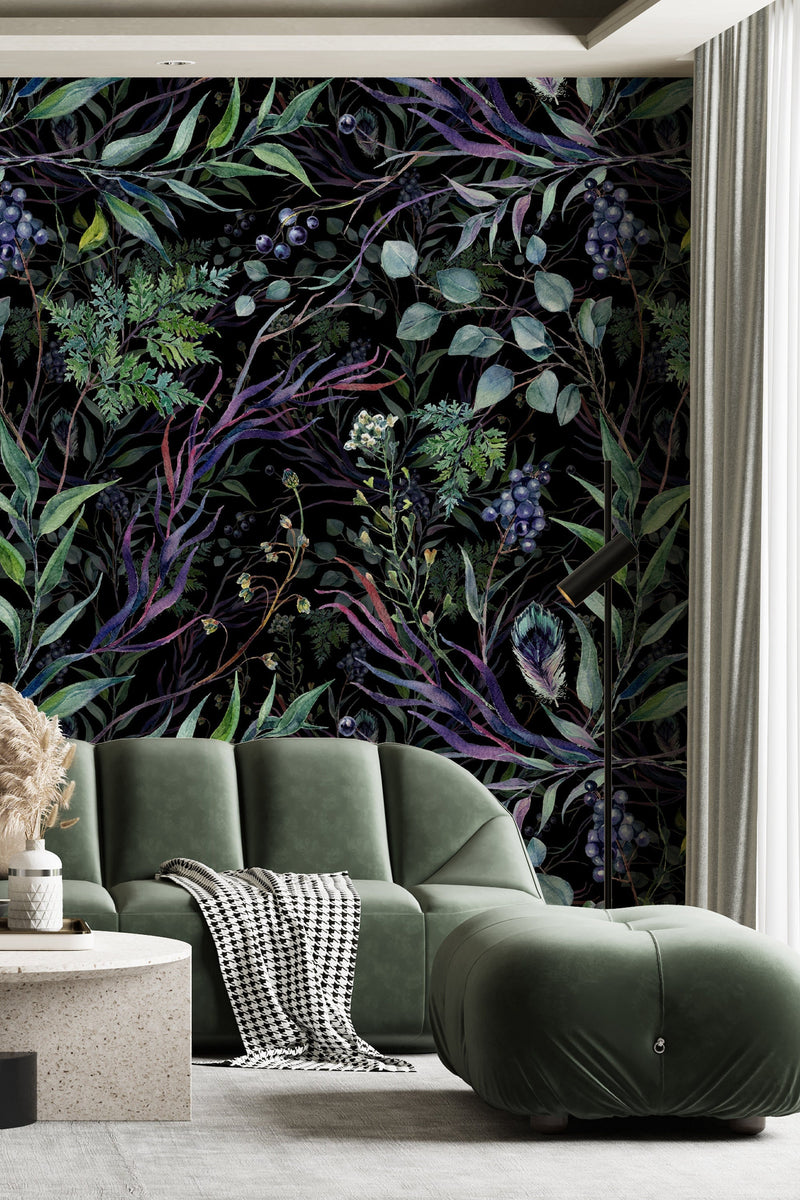 Dark botanical wallpaper, peel and stick wallpaper, secret garden wall mural