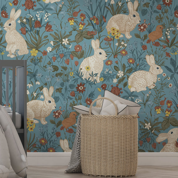 Vintage Rabbits Wallpaper, Kids Wallpaper Peel and Stick Nursery Boho ...