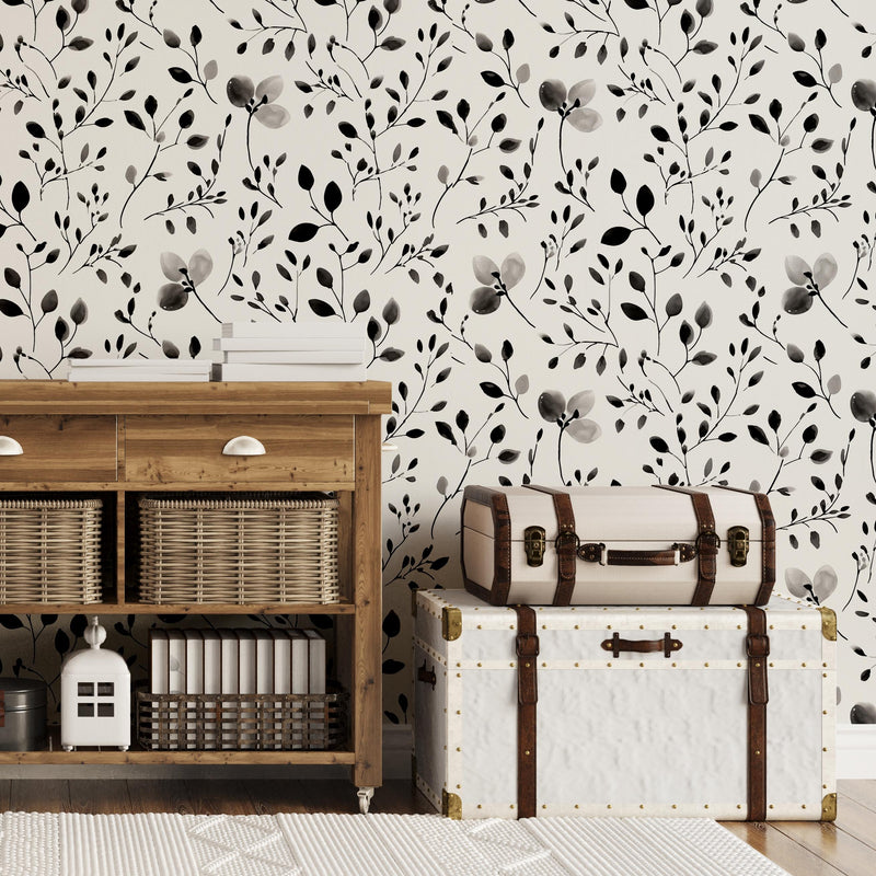 Black and White Wildflower Wallpaper - Peel and Stick or Traditional