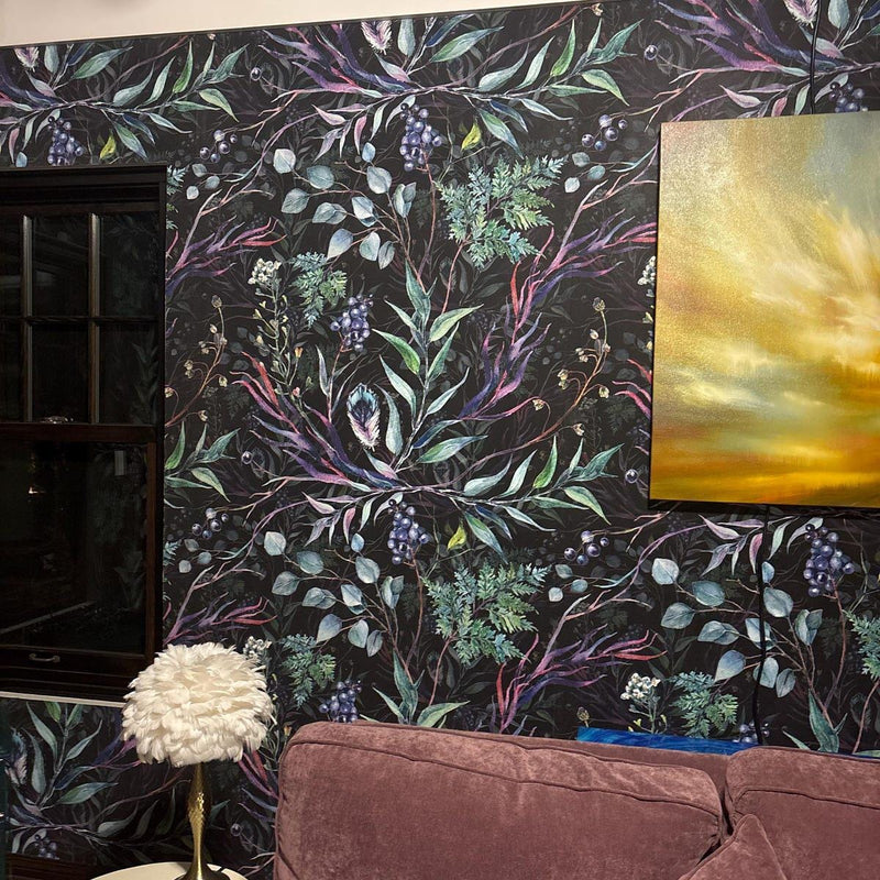 Dark botanical wallpaper, peel and stick wallpaper, secret garden wall mural