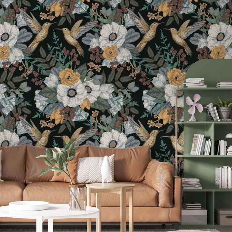 Wallpaper Peel and stick,  dark floral wallpaper with birds, moody wall decor