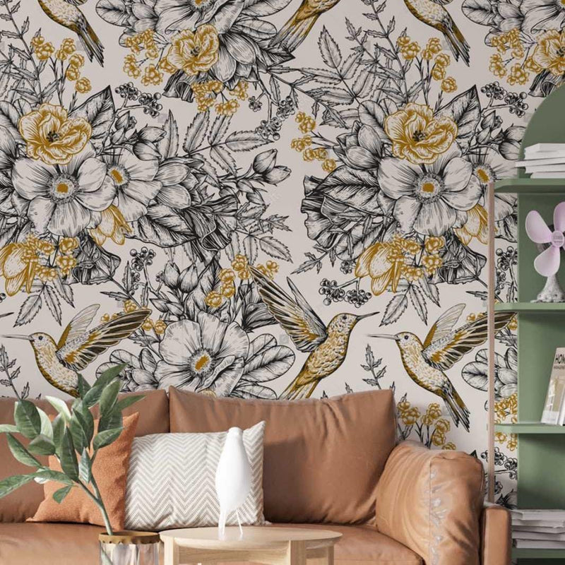 Vintage Floral Birds Wallpaper: Peel and Stick Wall Mural