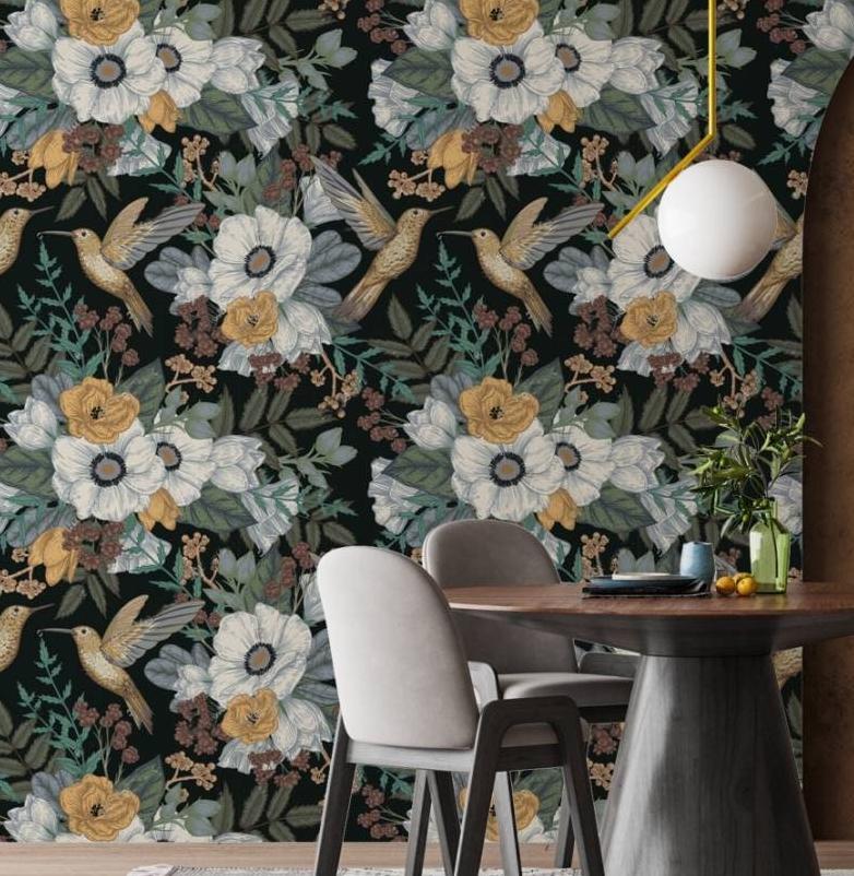 Wallpaper Peel and stick,  dark floral wallpaper with birds, moody wall decor