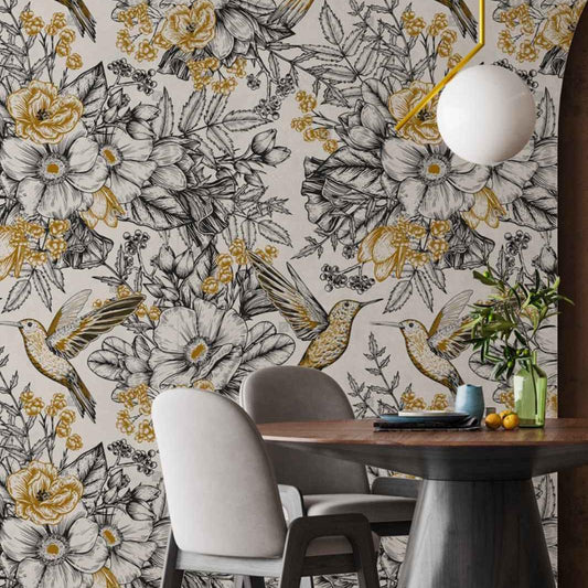 Vintage Floral Birds Wallpaper: Peel and Stick Wall Mural