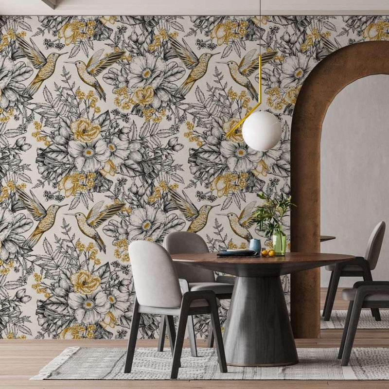 Vintage Floral Birds Wallpaper: Peel and Stick Wall Mural
