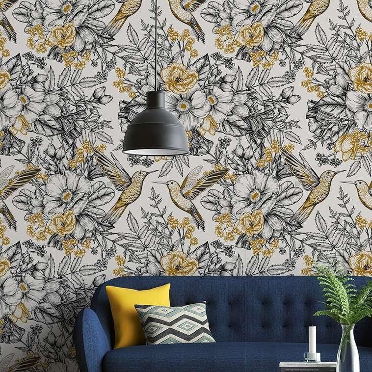 Vintage Floral Birds Wallpaper: Peel and Stick Wall Mural