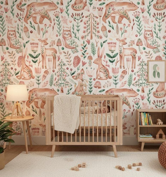 Woodland Animals Wallpaper | Nordic Nursery Wall Decor | Watercolor Forest Pattern | Removable Kids Room Wallpaper | Scandinavian Decor