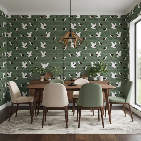 Green Crane Wallpaper Peel and Stick | Japanese Bird Wallpaper | Modern Asian Inspired Wall Decor