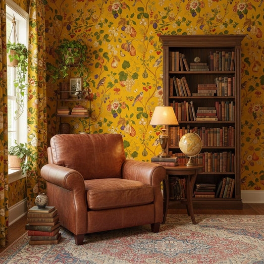 Yellow Botanical Wallpaper Peel and Stick | Vintage Fruit Bird Wallpaper | Maximalist Eclectic Wall Decor