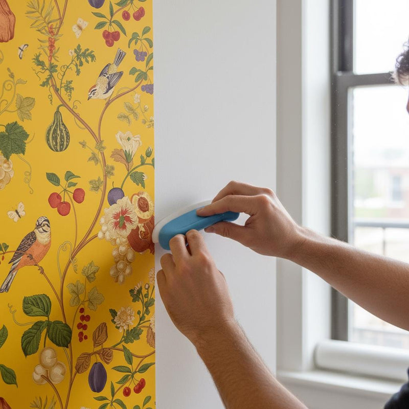 Yellow Botanical Wallpaper Peel and Stick | Vintage Fruit Bird Wallpaper | Maximalist Eclectic Wall Decor