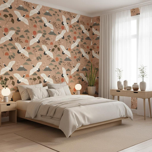 Japanese Crane Wallpaper Peel and Stick | Mount Fuji Wallpaper | Japandi Asian Inspired Wall Decor
