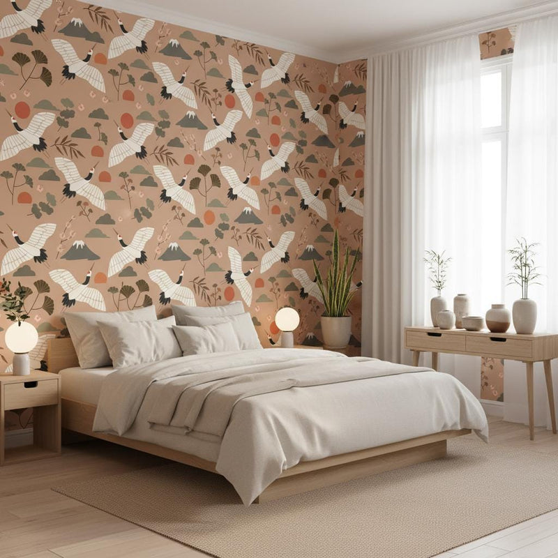 Japanese Crane Wallpaper Peel and Stick | Mount Fuji Wallpaper | Japandi Asian Inspired Wall Decor