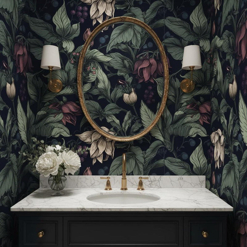 Dark Botanical Wallpaper Peel and Stick | Navy Floral Wallpaper | Moody Vintage Garden Wall Decor