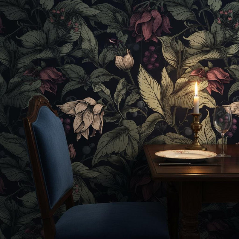 Dark Botanical Wallpaper Peel and Stick | Navy Floral Wallpaper | Moody Vintage Garden Wall Decor
