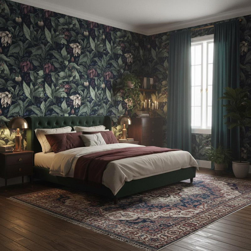 Dark Botanical Wallpaper Peel and Stick | Navy Floral Wallpaper | Moody Vintage Garden Wall Decor