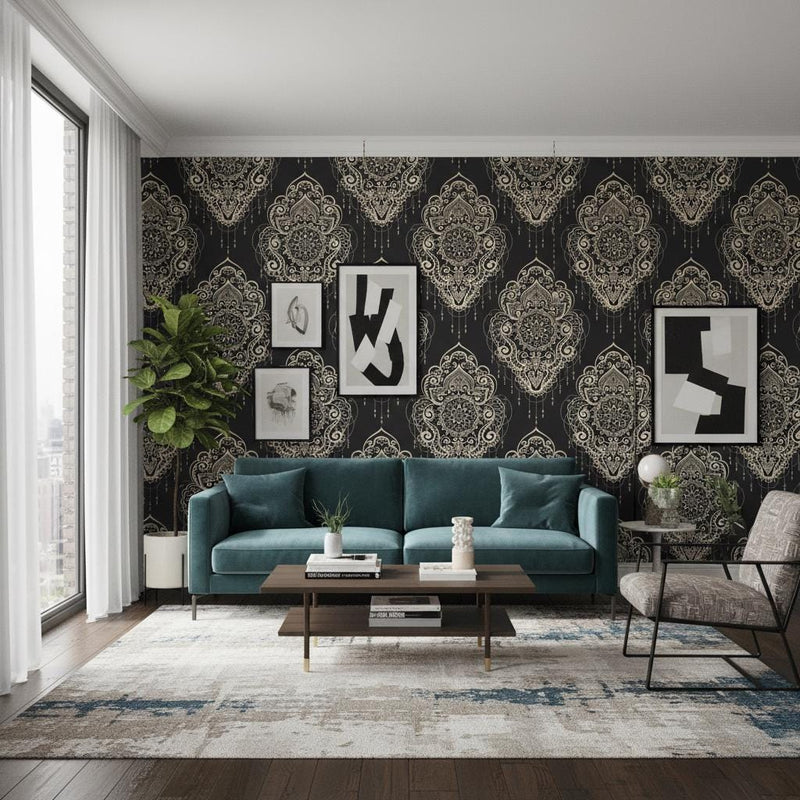 Dark Mandala Wallpaper Peel and Stick | Bohemian Medallion Pattern | Luxury Ornate Wall Decor