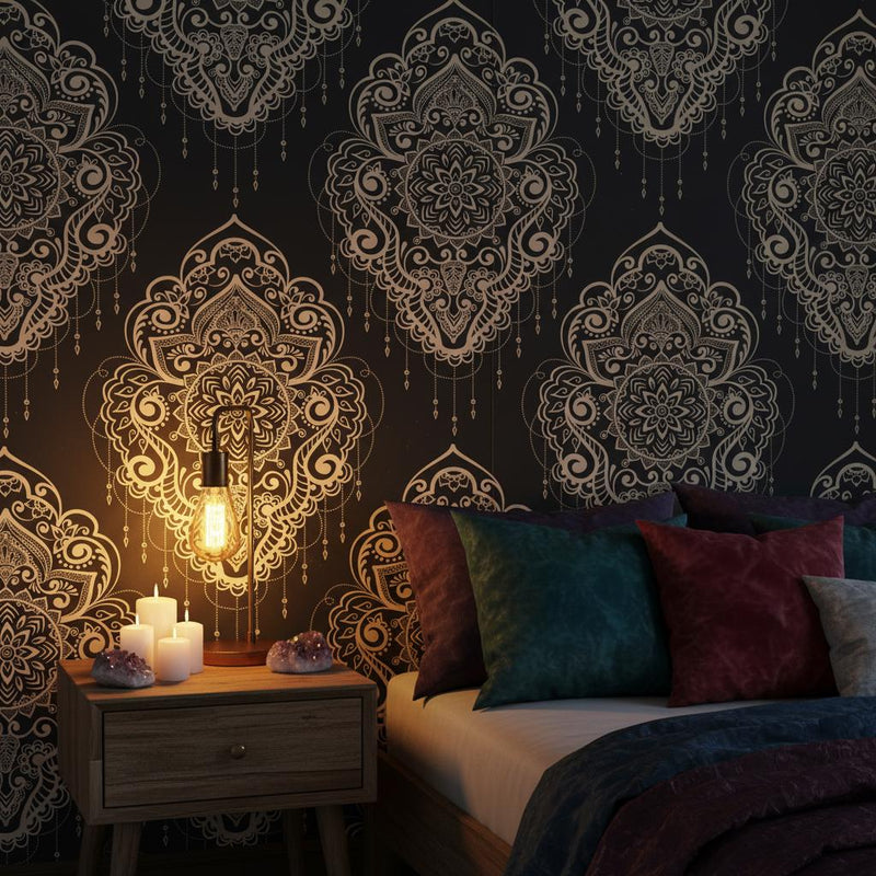 Dark Mandala Wallpaper Peel and Stick | Bohemian Medallion Pattern | Luxury Ornate Wall Decor